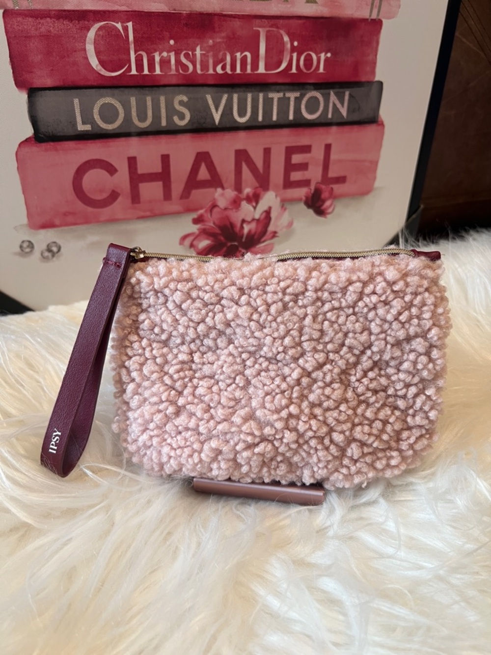 ipsy Blush Pink Sherpa Wristlet Clutch with Maroon Strap